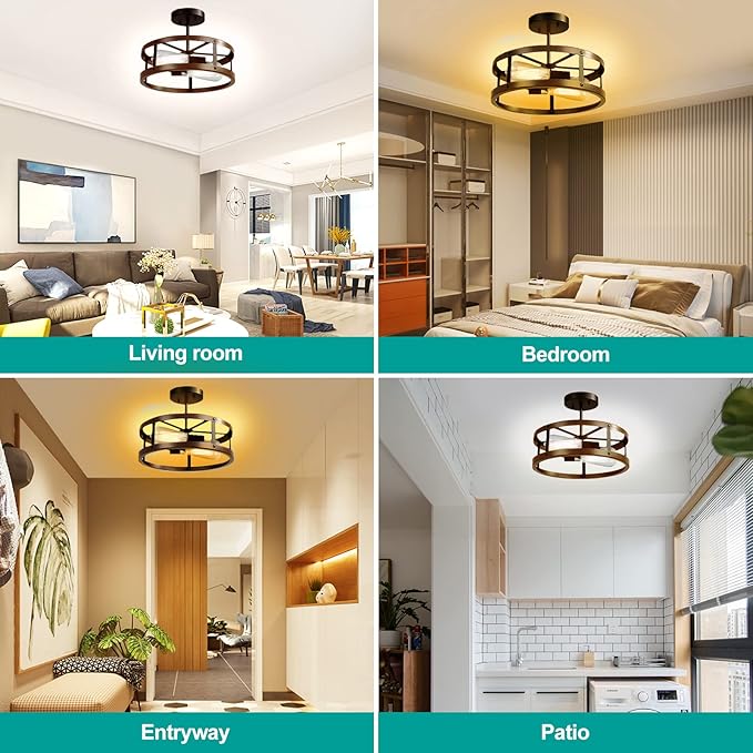 EAPUDUN Farmhouse Ceiling Light, 13'' Imitation Wooden Semi Flush Mount Light Fixture, Retro 2-Light Lamp for Hallway Entryway Bedroom Kitchen Dining Room SMA1139-FBDT