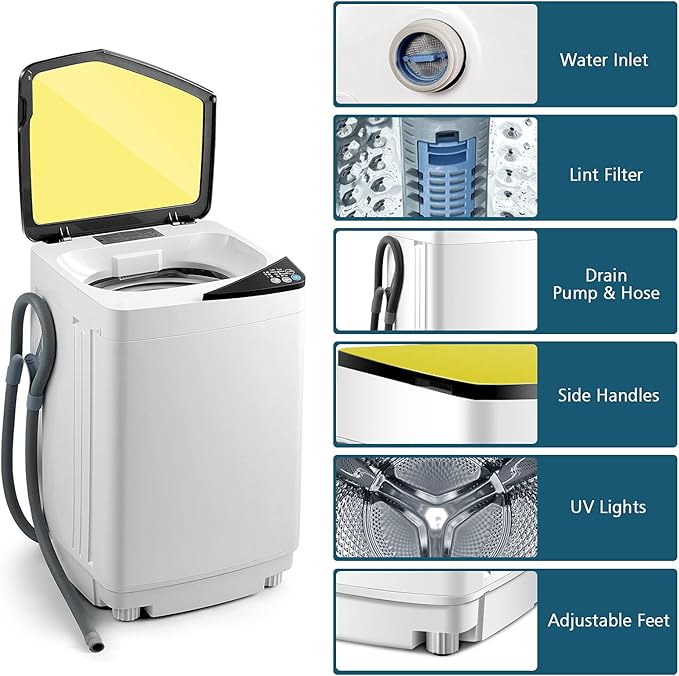 Portable Washing Machine, ARLIME Compact Mini Full-Automatic Laundry 2-In -1 Washer & Spin Dryer 7.7lbs Capacity W/Drainage Pump & Long Hose For Condo, Apartments, Dorms, RV’s Camping Living (Yellow)