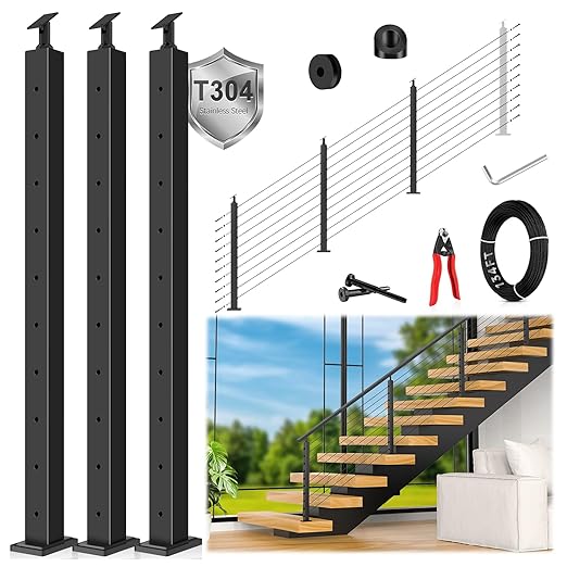 36" Expandable 8-12FT Black T304 Cable Railing Post Kit, Complete Cable Railing System with 3 Stair Posts, 134ft 1/8" Wire Rope(No Handrail), Adjustable Length Easy DIY for 25-35°Stairway