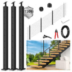 36" Expandable 8-12FT Black T304 Cable Railing Post Kit, Complete Cable Railing System with 3 Stair Posts, 134ft 1/8" Wire Rope(No Handrail), Adjustable Length Easy DIY for 25-35°Stairway