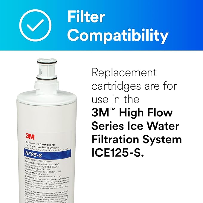 3M HF25-S High Flow Series 3M Genuine Replacement Filter Cartridge for ICE125-S Water Filter System, Reduces Chlorine, Taste and Odor, Scale, and Particulate 1 Micron, 1.5 gpm, 5615203
