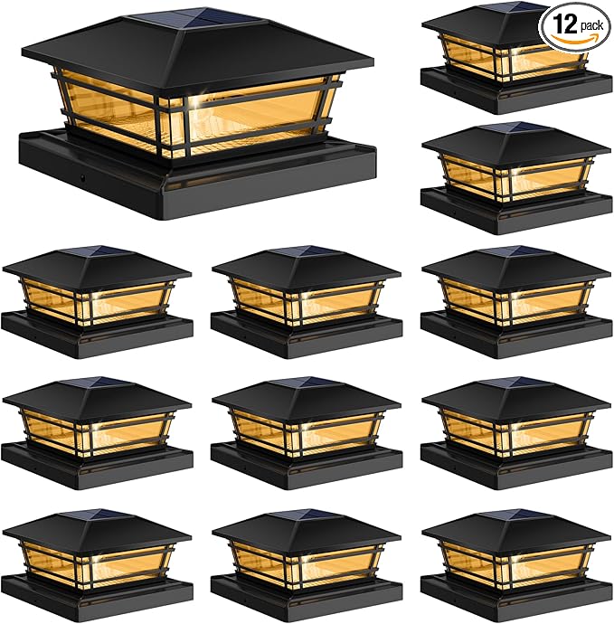 Solar Post Cap Lights Outdoor 12 Pack [LED Bulb, 2 Brightness Setting] Fence Post Solar Lights Waterproof for 4x4 5x5 or 5.5x5.5 Wood Posts, Warm Bright Bulb Lighting for Garden Deck Yard