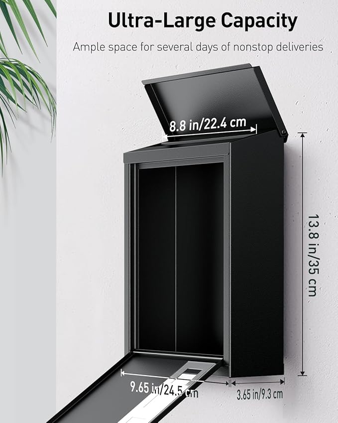 Uniclife Large Mailbox, Wall Mount Mailboxes for Outside, Mail Boxes with Combination Lock, Security Locking Key Drop Box for House School Office and Outdoor, Black