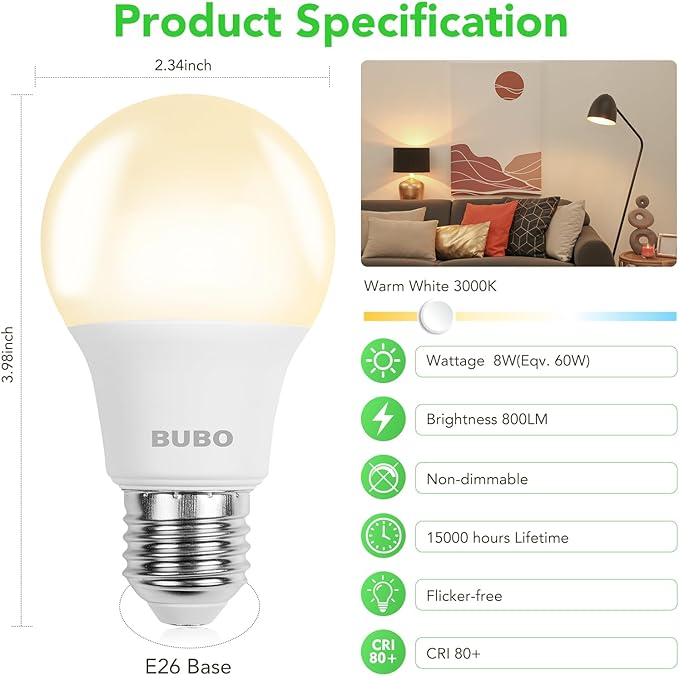 BUBO A19 LED Light Bulbs, 60 Watt Equivalent LED Bulbs, Warm White 3000K, 800 Lumens, E26 Standard Base, Non-Dimmable, 8W Warm White LED Bulbs for Bedroom Living Room Home Office, 3 Pack