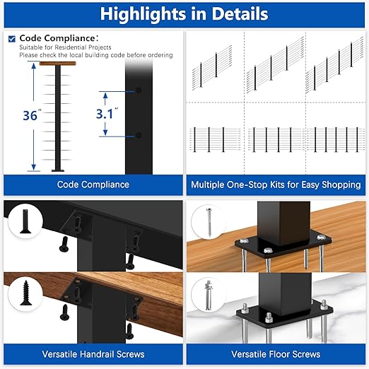 36" Expandable 12-16FT Black T304 Cable Railing Post Kit, Complete Cable Railing System with 4 Level Posts & 177ft 1/8" Wire Rope(No Handrail), Adjustable Length Easy DIY for Decks/Porch