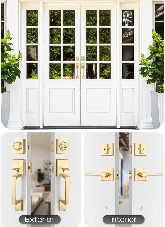 EHOMEWARE Double Front Door Handle Set, 1 Pack Satin Brass Square Door Lever, Exterior Door Knob & Deadbolt Combo, Door Lock Set for Front/Back/Office Doors, Heavy Duty Door Handle
