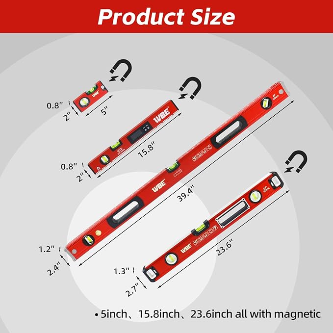 WBE 4-Piece Torpedo-Level Set with Magnetic, Digital-Leveler with LCD Display, 4.7", 16", 20", 40" Aluminum Alloy Spirit Level-Set with Carrying Bag, Bubble Vials Ruler for 45/90/180 Degree.
