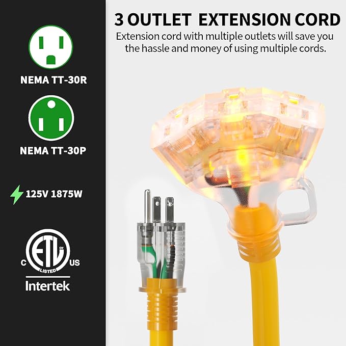 POWGRN 3 FT 2 Pack 12/3 Gauge Extension Cord with Multiple Outlets Outdoor, 3 Outlet Extension Cord Heavy Duty Yellow with Lighted, Tri-Tap Power Cable, 12AWG 15Amp 1875Watts 125Volts SJTW, ETL Listed