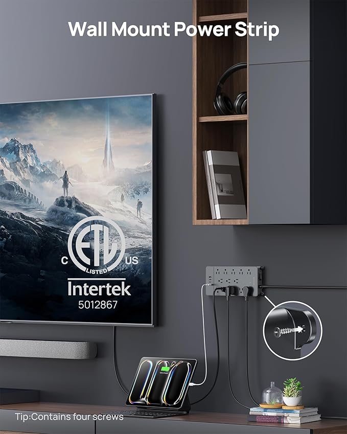 TROND 360° Rotating Flat Plug, Surge Protector Power Strip, 13AC Widely Spaced Outlets Expansion with 3 USB C Ports, 4000J, 15ft Extension Cord Heavy Duty, Wall Mount, Under Desk, ETL Listed, Black