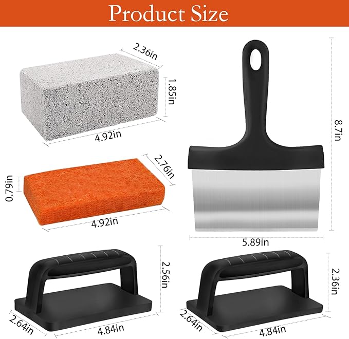 10 Pieces Griddle Cleaning Kit for Blackstone & More - Professional Flat Top Grill Cleaning Kit with Heavy Duty Griddle Scraper, Grill Stones, Scouring Pads & Ergonomic Handles