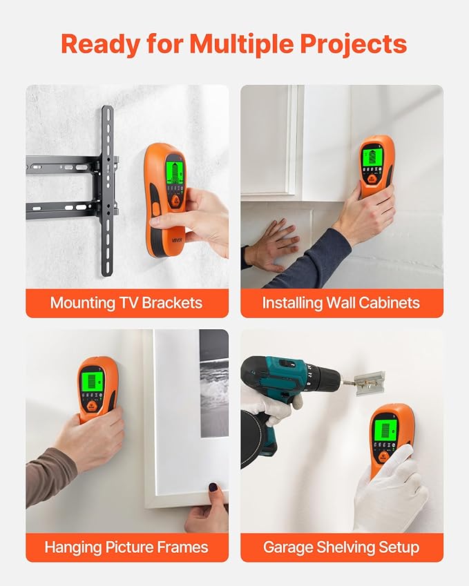 VEVOR Stud Finder Wall Scanner, 5 in 1, Electronic Wall Stud Detector with Smart Sensor, High-Definition LCD Display and Audio Alarm, for the Center and Edge of Metal, AC Wire, Joists, Pipes, Orange