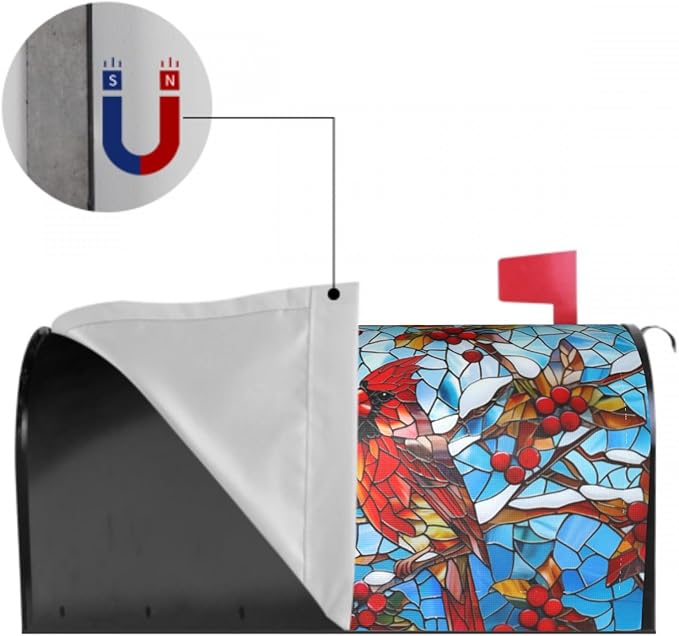 Giwawa Winter Cardinal Bird Mailbox Covers Red Birds on Holly Berry Branches Snow Mail Box Cover Magnetic Standard Size 18 x 21 Stained Glass Christmas Mailbox Wrap Holiday Mailbox Xmas Decorations