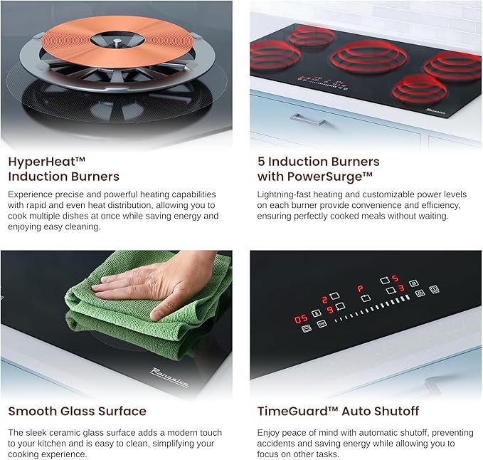 Rangaire RCI361S 36" Induction Cooktop, 10900W, 5 Burners, Built-in Stove Top, Booster & Timer, 9 Power Levels, Slide Touch Control, Child Safety Lock, 240V Hard Wire, Ceramic Surface