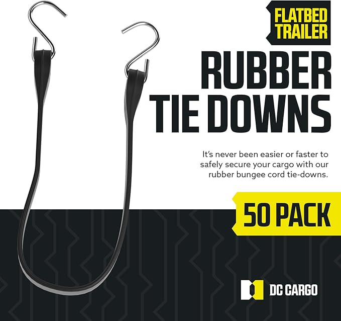 Pack of 50 Tarp Straps, 41" Long Natural Rubber Bungee Cord Tie-Downs Ideal for Securing Tarps, Canvases, Cargo in Cold Climates. Trailer Tie-Downs w/ Metal S-Hooks, by DC Cargo Mall.