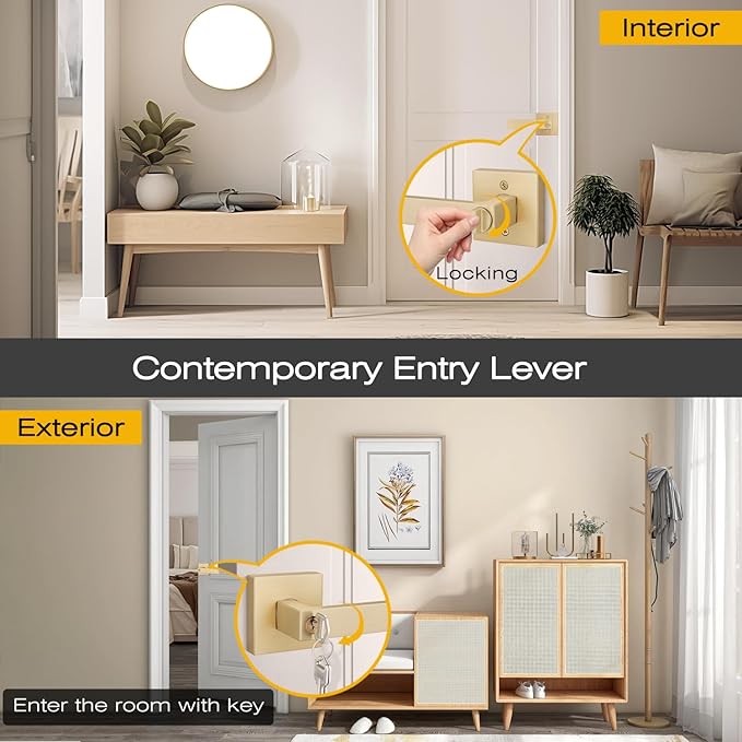 EHOMEWARE 5 Pack Gold Door Handles, Entry Door Levers with Keys, Not Keyed Alike - Interior Door Lever Door Handle with Modern Contemporary Design for Home Bedroom or Living Room