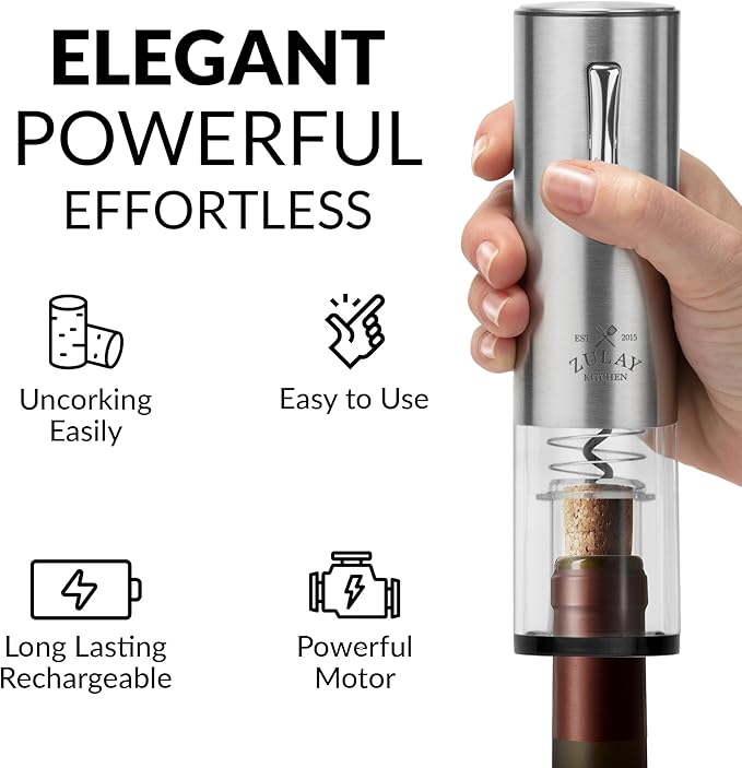 Zulay Kitchen Electric Wine Opener 5-Piece Gift Set with Charging Base - Foil Cutter, Aerator & Pourer, Vacuum Stoppers - Automatic Wine Bottle Corkscrew Opener For Smooth & Fast Uncorking