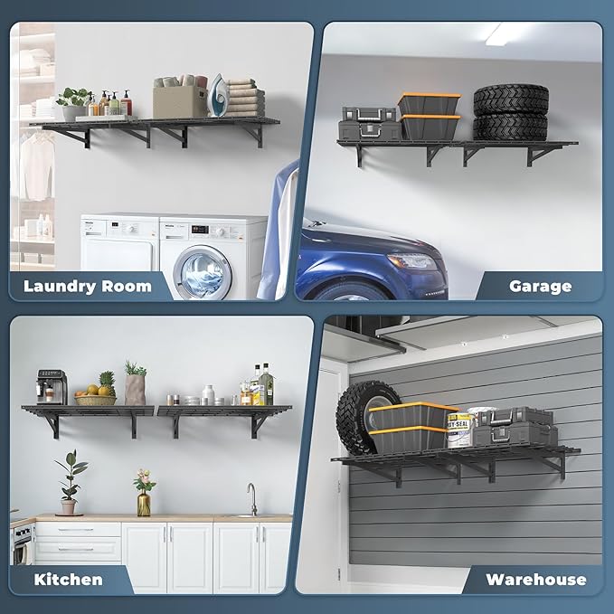 2 Pack Heavy Duty Garage Wall Shelving Set (2x3ft), Wall Mounted Garage Shelves 500lbs Capacity, 24"x72" Wall Shelf Storage Rack Floating Shelves, Black