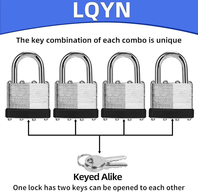 Padlocks with Same Key, LQYN 12 Pcs Laminated Keyed Padlock (1-9/16", 40mm), Keyed Alike Locks, Normal Shackle, for Storage Locker, Hasp Latch, Toolbox, Sheds