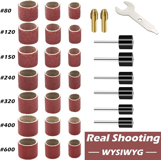 552 Pcs Sanding Drum Set, 504 Pcs 80 120 150 240 320 400 600 Grit Drum Sander Sleeves and 24 Pcs Drum Mandrels,2 Pcs Self-Tightening Drill Chuck and Combination Wrench for Rotary Tool
