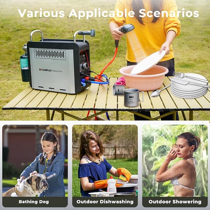 CAMPLUX Nano 3 Pro 1 lb Propane Portable Water Heater, Table Top Camp Water Heater & Shower Pump w/Built-in Battery, Compact Outdoor Camping Hot Showers