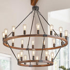 2 Tier Wooden Wagon Wheel Chandelier 43.3'' Farmhouse 24 Lights(16+8) Black Rustic Light Fixture 2-Story Round Wood Chandelier for High Ceiling Living Dining Room Foyer Villa