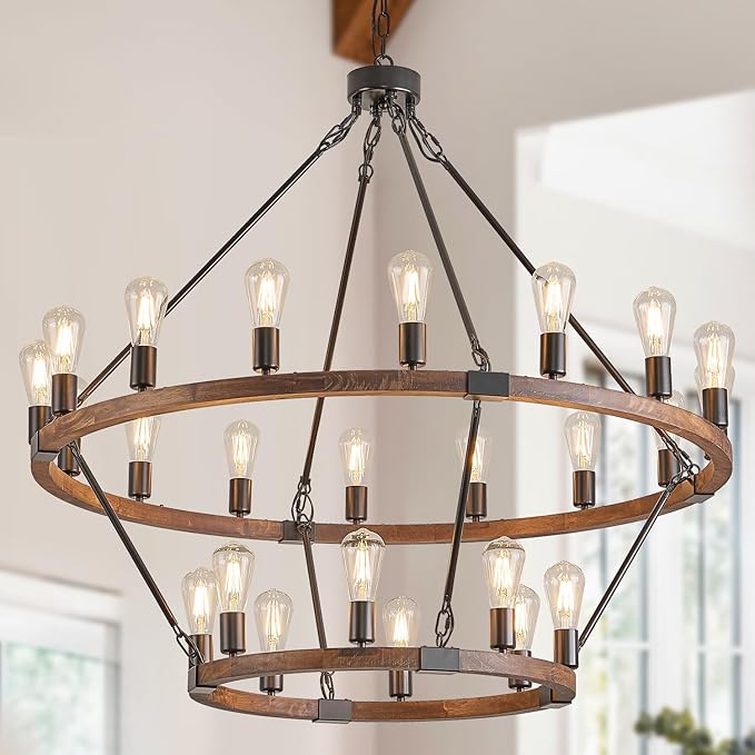 2 Tier Wooden Wagon Wheel Chandelier 43.3'' Farmhouse 24 Lights(16+8) Black Rustic Light Fixture 2-Story Round Wood Chandelier for High Ceiling Living Dining Room Foyer Villa