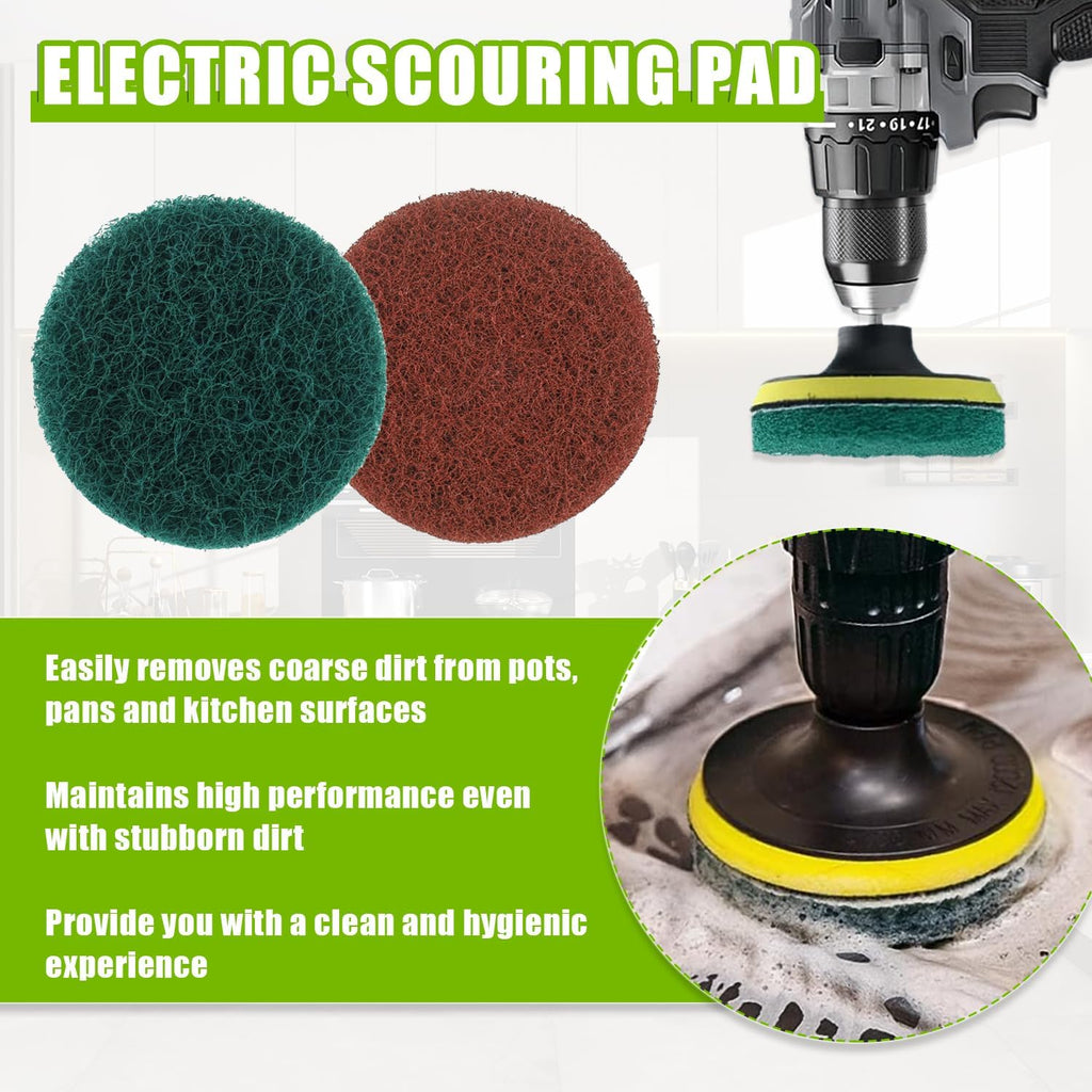 5 Inch Scrub Drill Brush Power Scouring Pads Household Cleaning Set for Kitchen Bathroom 4 Red Pads 4 Green Pads 1 Drill Attachment and 1 Universal Shaft