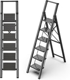 GameGem Step Ladder 6 Step Folding, Aluminum Ladders for High Ceilings, Tall Closet, Cabinet, 6 ft Lightweight Step Ladder with Anti-Slip Foot for Home Use, 330Lbs Load, Black
