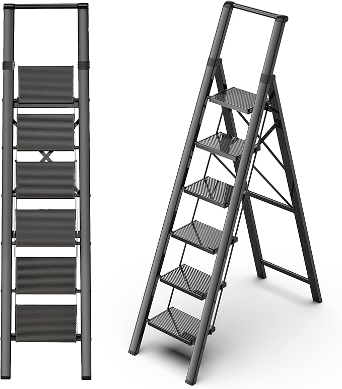 GameGem Step Ladder 6 Step Folding, Aluminum Ladders for High Ceilings, Tall Closet, Cabinet, 6 ft Lightweight Step Ladder with Anti-Slip Foot for Home Use, 330Lbs Load, Black