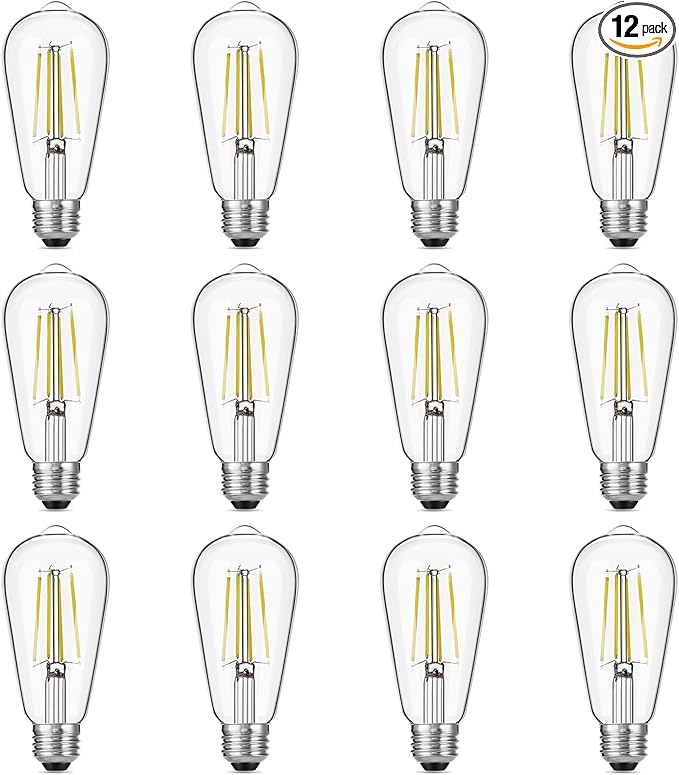 Dimmable Vintage LED Edison Bulbs, 6W, Equivalent 60W, 750lm, Daylight 5000K, 90+ CRI, ST58 Antique LED Filament Bulbs, E26 Medium Base, Clear Glass, Pack of 12