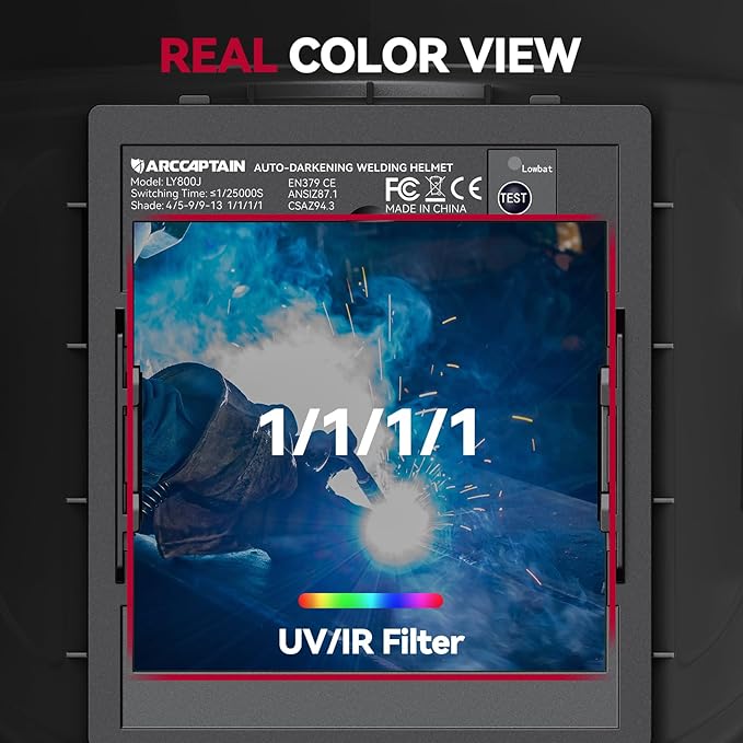 ARCCAPTAIN Auto Darkening Welding Helmet with Side View, 180° Panoramic View, 1/1/1/1 True Color Large Viewing Welding Hood with 4 Arc Sensor Solar Powered, Wide Shade 4/5-9/9-13 for TIG MIG ARC Cut