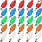 C7 Christmas Replacement Bulbs, 25 Pack Multicolor Ceramic Light Bulbs for Christmas Outdoor Indoor String Lights, E12/C7 Base, 5 Watt