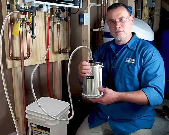 Tankless Water Heater Flush Kit Includes 1/3HP Stainless Steel Sump Pump with Two Adapters & 3 Gallons Pail with Bucket Lid Opener & Two 1/2” Dia X 6’ Hoses with Washers