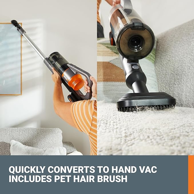 WORX 20V Cordless Stick Vacuum, Powerful Cordless Vacuum Cleaner 25Kpa High Suction for Pet Hair, Lightweight Handheld Vacuum Cleans Floors Carpet Car – Battery & Charger Included