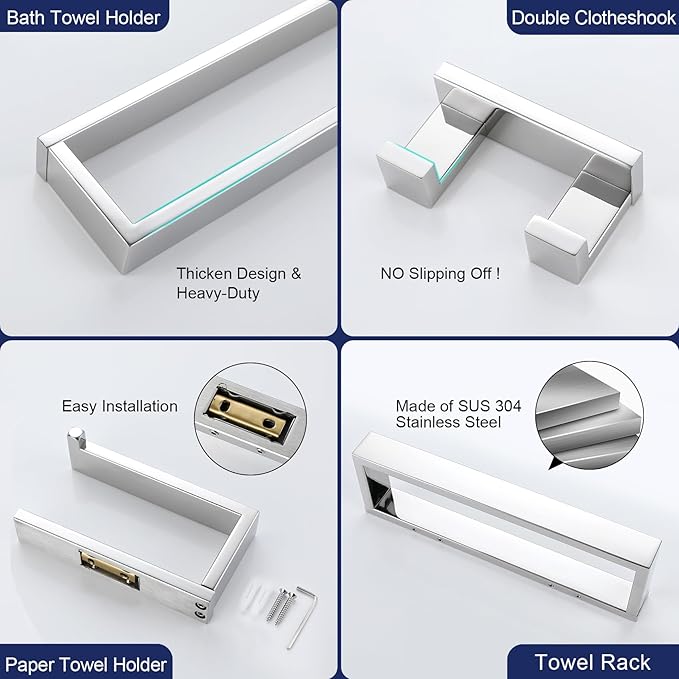 Lairuier Bath Towel Bar Set, Polished Chrome 4-Piece Bathroom Hardware Set Including Towel Bar, Towel Holder, Toilet Paper Holder, Towel Hook. Stainless Steel Bathroom Hardware Accessory