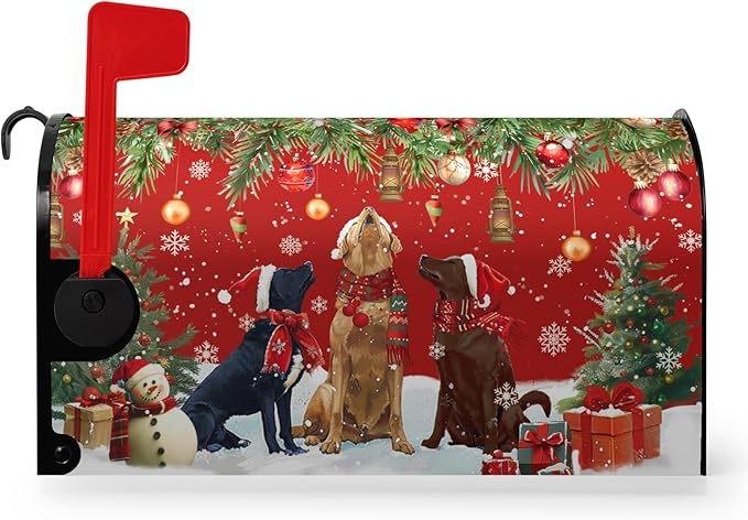 Christmas Retriever Dog Tree Magnetic Mailbox Cover Large Size 25.5 X 21 Winter Covers Snowman Red Green Xmas Holiday Oversized Mailbox Letter Box Wraps Covers for Outside Garden Yard Outdoor