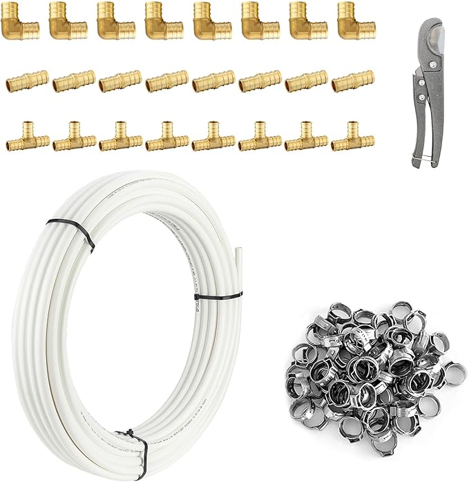 3/4 Inch-100 ft Foskan White PEX-B Pipe,Water Tubing with a Pipe Cutter,24 Pcs Pex Crimp Brass Fittings & 50 Pcs Clamp rings