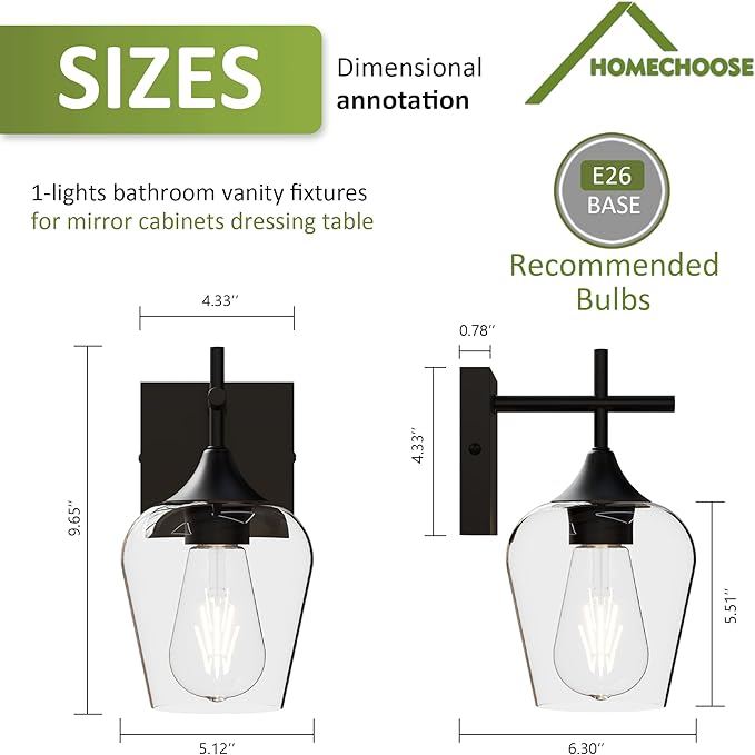 Vanity Bathroom Light, 1-Light Bathroom Light Fixtures Over Mirror, Black Vanity Lights for Bathroom with Clear Glass, Modern Wall Lamp for Cabinet Hallway, Bedroom