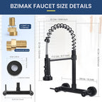 Wall Mount Kitchen Sink Faucet, 8 Inch Center Wall Mount Kitchen Faucets with 3-Function Pull Down Sprayer, Dual Handles Commercial Faucet for Kitchen Laundry Restaurant (Black)