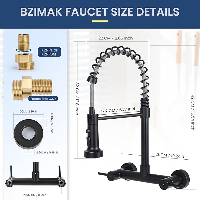 Wall Mount Kitchen Sink Faucet, 8 Inch Center Wall Mount Kitchen Faucets with 3-Function Pull Down Sprayer, Dual Handles Commercial Faucet for Kitchen Laundry Restaurant (Black)