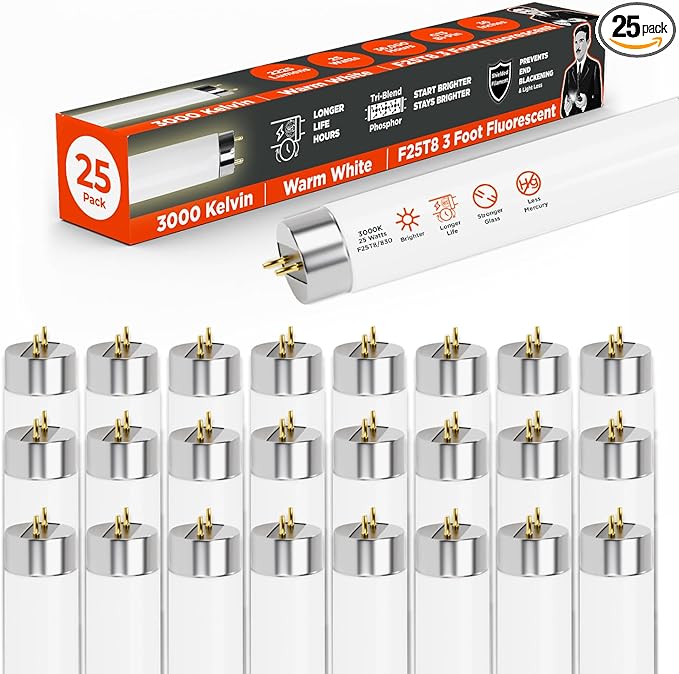 GoodBulb 25W 36 Inch T8 Fluorescent Light Bulb 3000K Warm White Light Medium Bi-Pin Base 2225 Lumens 86 CRI 36000 Life Hours Instant/Programmed Start 25 Bulbs Pack