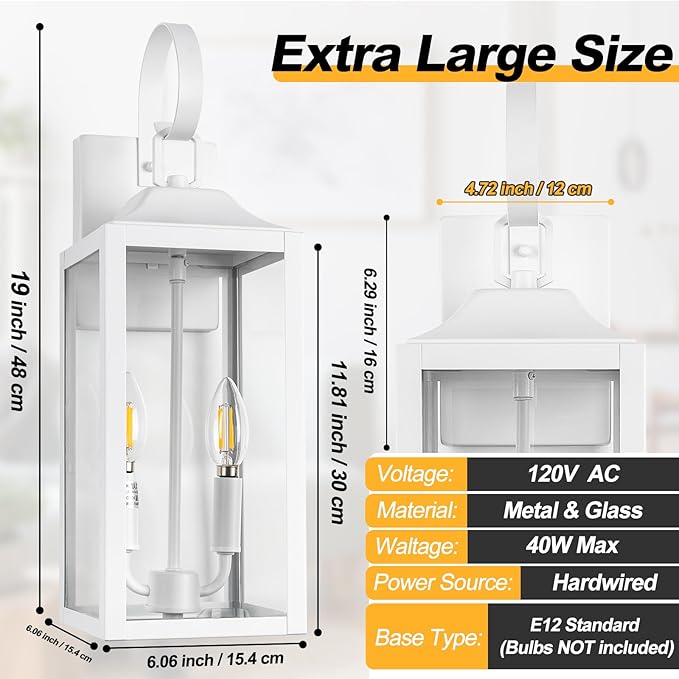 19" White Outdoor Wall Lantern 2-Light, Large Modern Wall Sconce Light Fixture, Industrial Porch Light with Glass, Waterproof Farmhouse Exterior Lamp