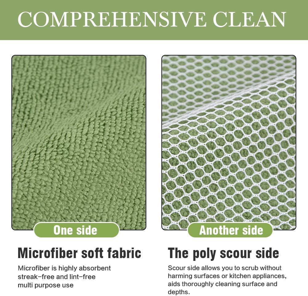 SINLAND 5 Color Assorted Microfiber Dish Cloth Best Kitchen Cloths Cleaning Cloths with Poly Scour Side 12Inchx12Inch 20 Pack (Pinkx4+bluex4+whitex4+yellowx4+greenx4)