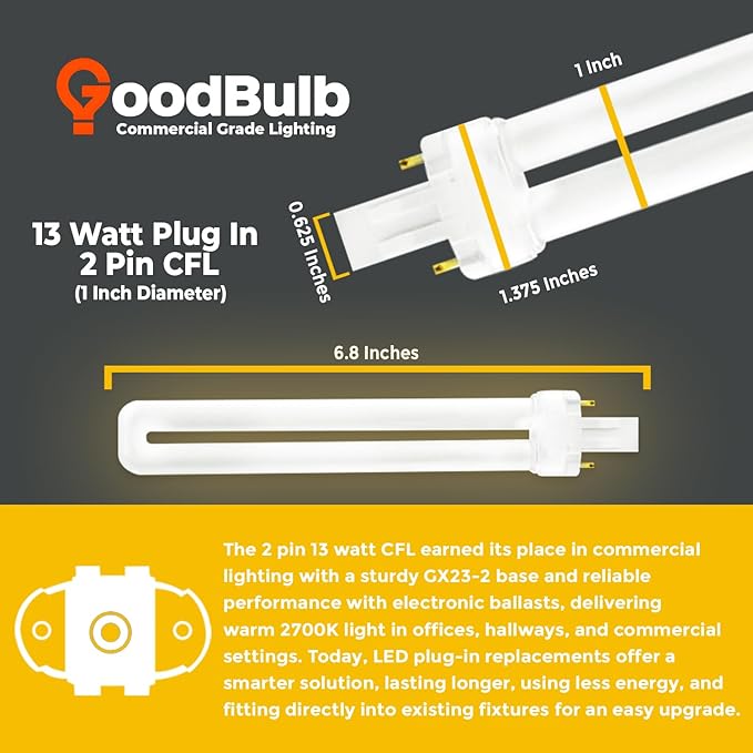 GoodBulb 13 Watt CFL Light Bulbs 2 Pin GX23 Base 2700K Soft White 13W High Output 800 Lumens Single Tube Compact Fluorescent Light Bulbs Plug-in 10 Pack