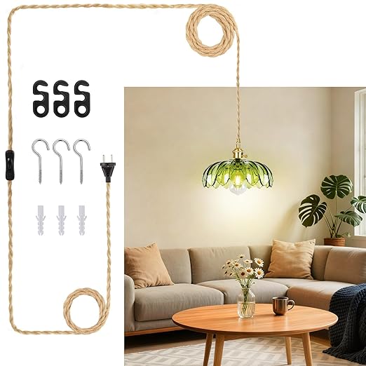 Plug in Pendant Light Fixture, Kylanle Green Glass Hanging Lamp with 14.7FT Cord On/Off Switch, Gold E26 Swag Light, Long Lasting Hanging Lamp Shade for Kitchen Island, Bedroom, Dining, Living Room