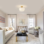 Gold Semi Flush Mount Ceiling Light Fixture,3-Light Ceiling Mount Drum Light Fixture with White Fabric Shade,12.6inch Modern Close to Ceiling Lamps for Living Room, Bedroom, Dining Room,Hallway