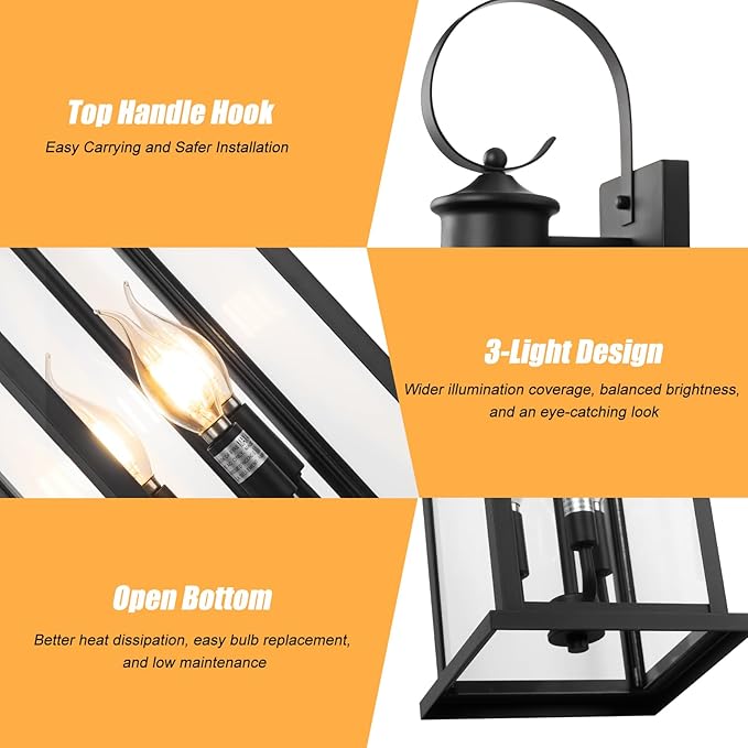 Large Outdoor Wall Light Fixture: 24in Black 3-Light Modern Porch Lantern, Waterproof Exterior Lighting Sconce Wall Mount, Outside Lamp for House Garage E12 Base
