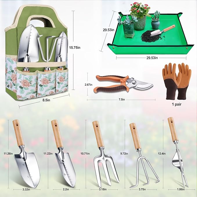 Kynup Gardening Tools, Garden Tools Set-9 Piece, Gardening Tool Kit with Cultivators, Ideal Garden Hand Tool Gifts for Women, Thickened Stainless Steel, Rust-Proof, Gardening Supplies, Garden Stuff