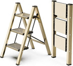 WOA WOA Step Ladder, 3 Step Foldable Step Stool with Widen Pedals, Portable Home Ladders for Kitchen, Lightweight Aluminum Stepladder, Compact Ladder for Space Saving (300lbs, Gold)