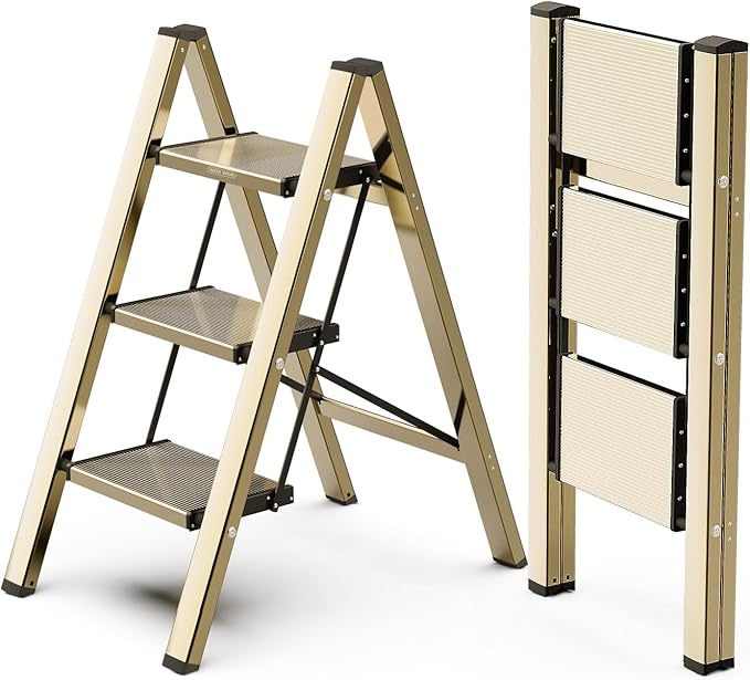WOA WOA Step Ladder, 3 Step Foldable Step Stool with Widen Pedals, Portable Home Ladders for Kitchen, Lightweight Aluminum Stepladder, Compact Ladder for Space Saving (300lbs, Gold)